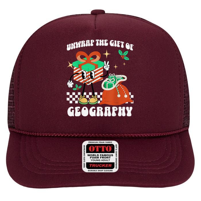 Funny Christmas Unwrap Geography Teacher Educator Quote High Crown Mesh Back Trucker Hat