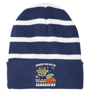 Funny Christmas Unwrap Geography Teacher Educator Quote Striped Beanie with Solid Band