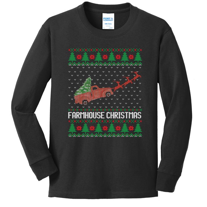 Farmhouse Christmas Ugly Sweater Funny Xmas Gift Kids Long Sleeve Shirt