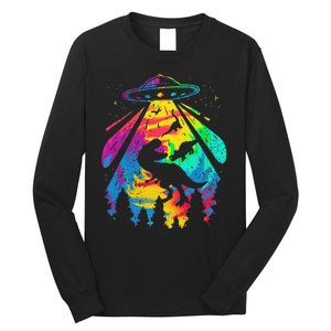 Funny Colorful Ufo Alien Trex Dinosaurs Abduction Long Sleeve Shirt