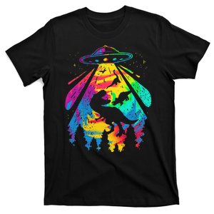 Funny Colorful Ufo Alien Trex Dinosaurs Abduction T-Shirt