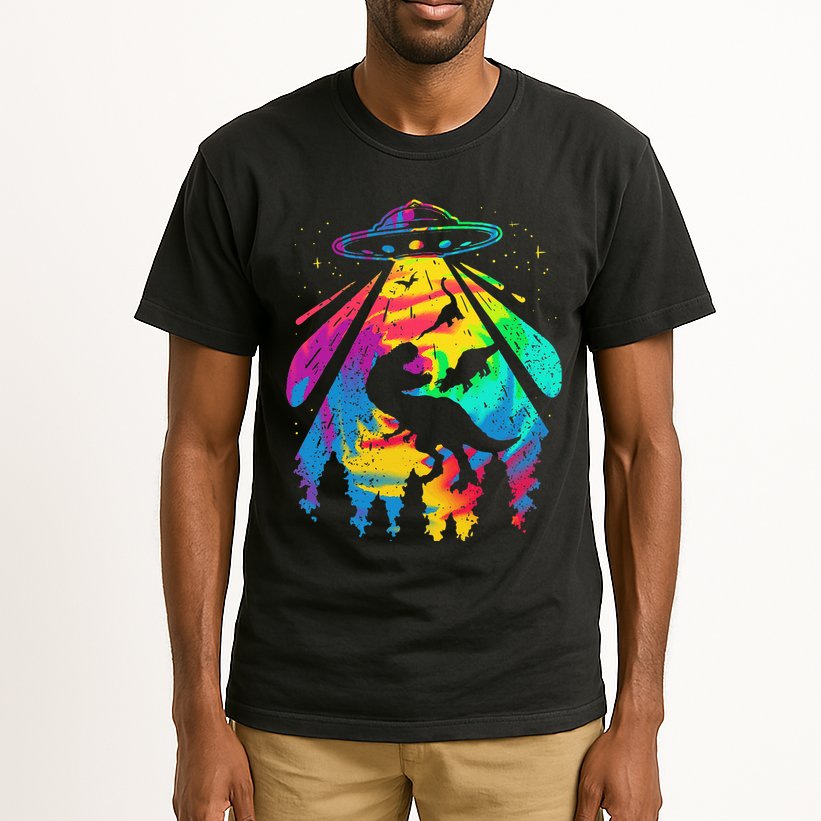 Funny Colorful Ufo Alien Trex Dinosaurs Abduction Tall T-Shirt