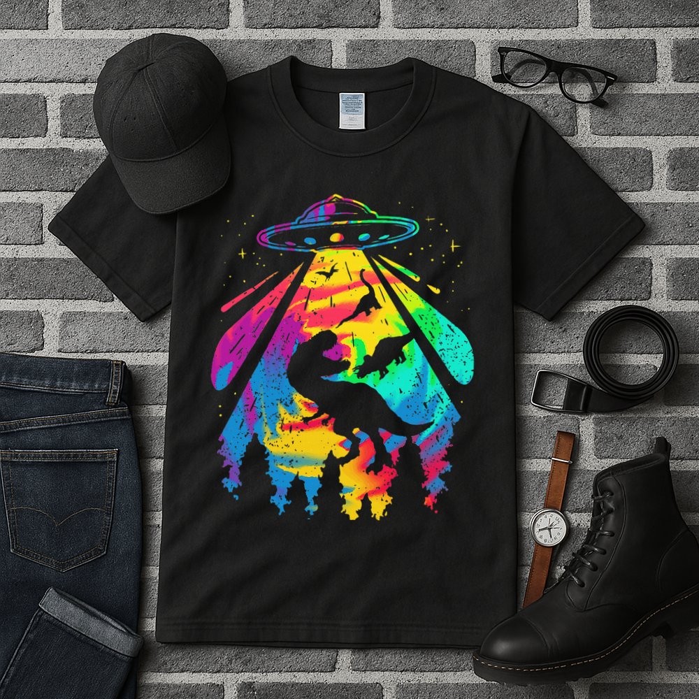 Funny Colorful Ufo Alien Trex Dinosaurs Abduction Tall T-Shirt