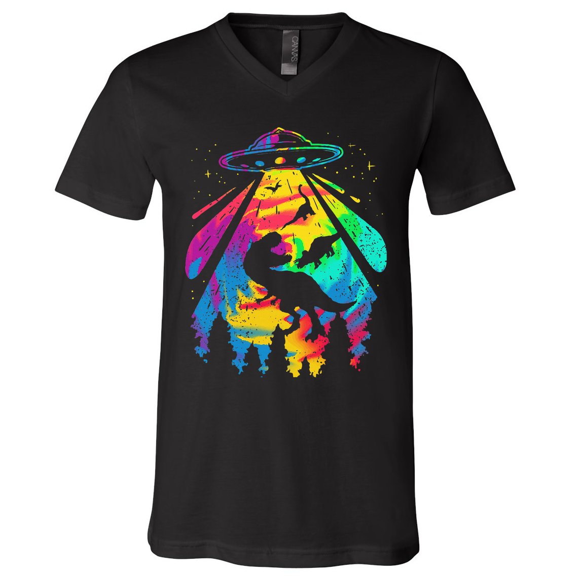 Funny Colorful Ufo Alien Trex Dinosaurs Abduction V-Neck T-Shirt