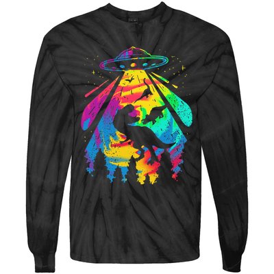 Funny Colorful Ufo Alien Trex Dinosaurs Abduction Tie-Dye Long Sleeve Shirt