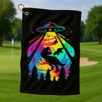 Funny Colorful Ufo Alien Trex Dinosaurs Abduction Golf Towel