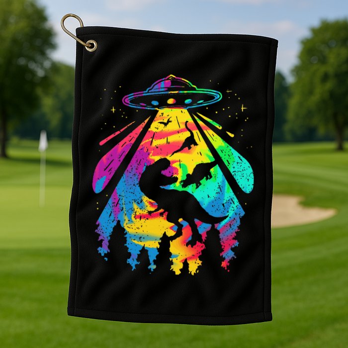 Funny Colorful Ufo Alien Trex Dinosaurs Abduction Golf Towel