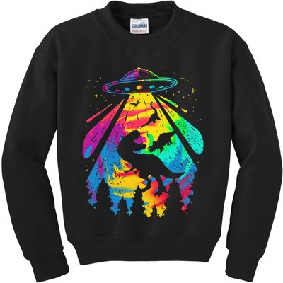 Funny Colorful Ufo Alien Trex Dinosaurs Abduction Kids Sweatshirt