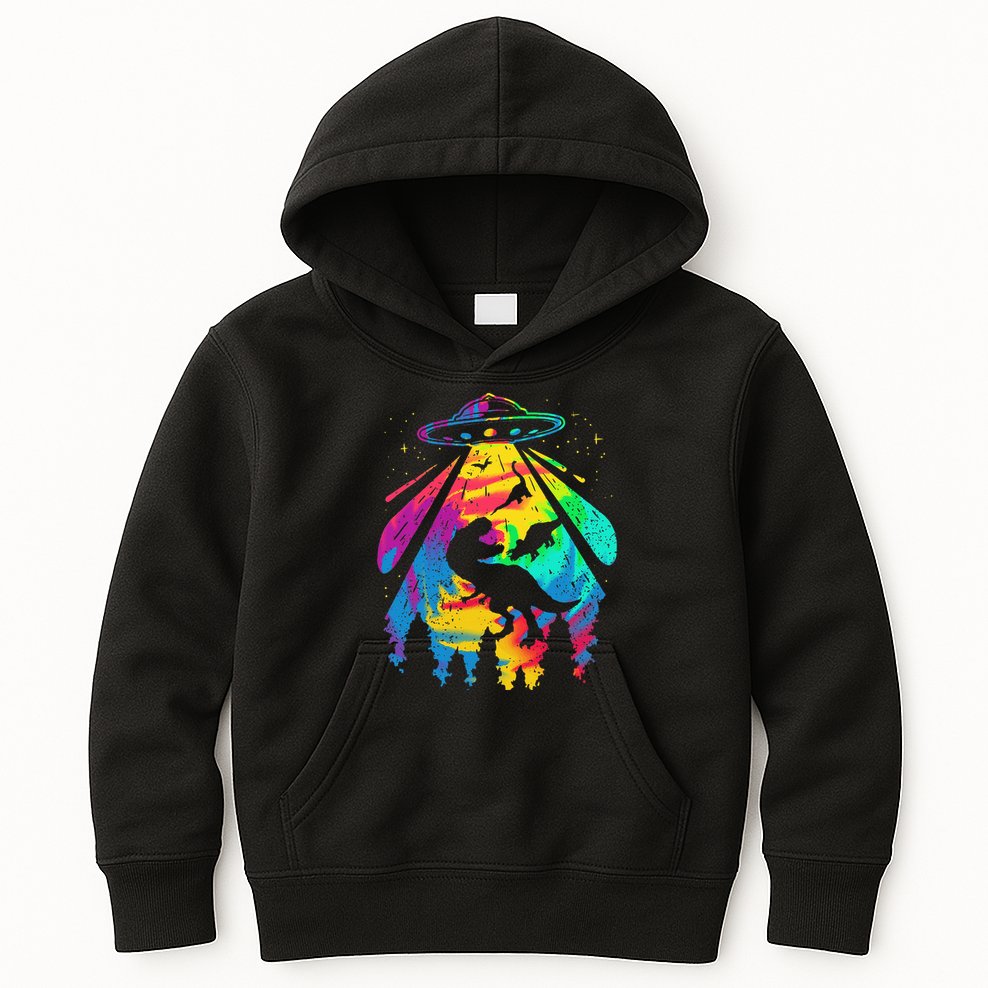 Funny Colorful Ufo Alien Trex Dinosaurs Abduction Kids Hoodie