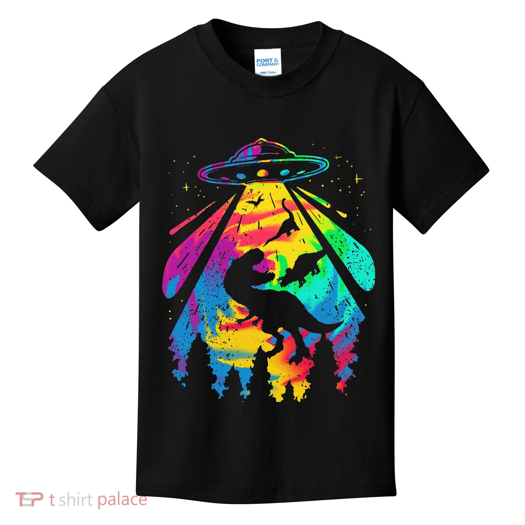 Funny Colorful Ufo Alien Trex Dinosaurs Abduction Kids T-Shirt