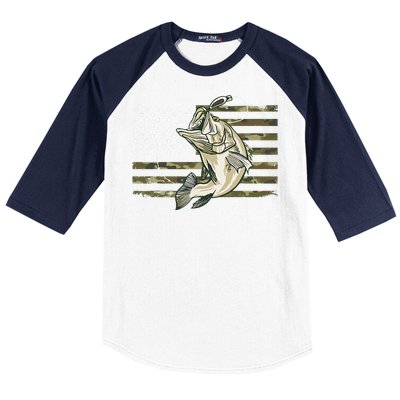 Fishing Camouflage US American Flag Bass Fish Fisherman Camo Baseball Sleeve Shirt