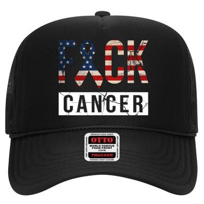 F*ck Cancer USA American Flag Ribbon High Crown Mesh Back Trucker Hat