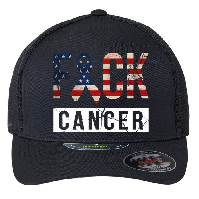 F*ck Cancer USA American Flag Ribbon Flexfit Unipanel Trucker Cap