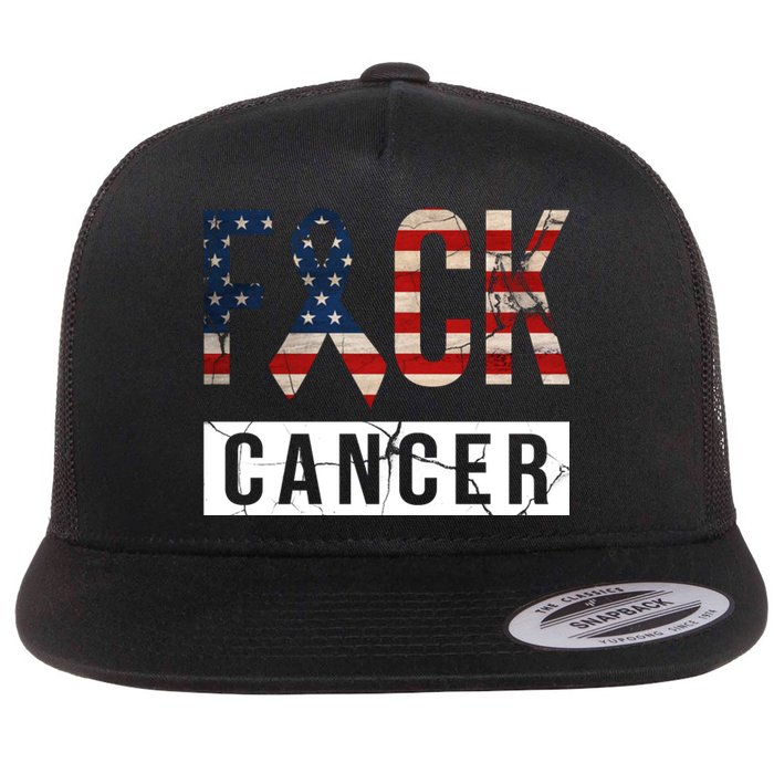 F*ck Cancer USA American Flag Ribbon Flat Bill Trucker Hat