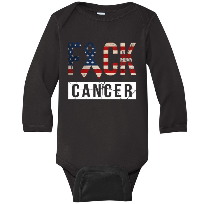 F*ck Cancer USA American Flag Ribbon Baby Long Sleeve Bodysuit