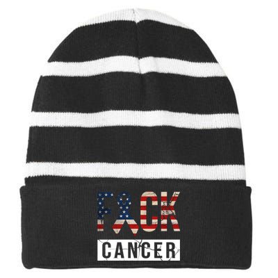 F*ck Cancer USA American Flag Ribbon Striped Beanie with Solid Band