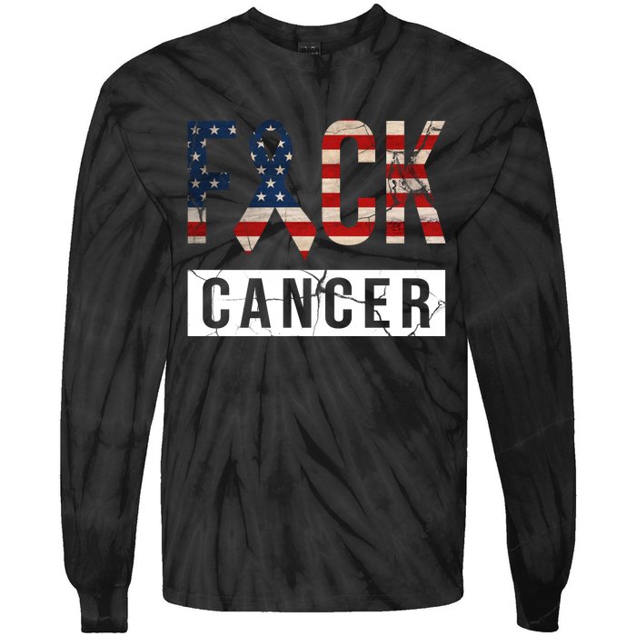 F*ck Cancer USA American Flag Ribbon Tie-Dye Long Sleeve Shirt