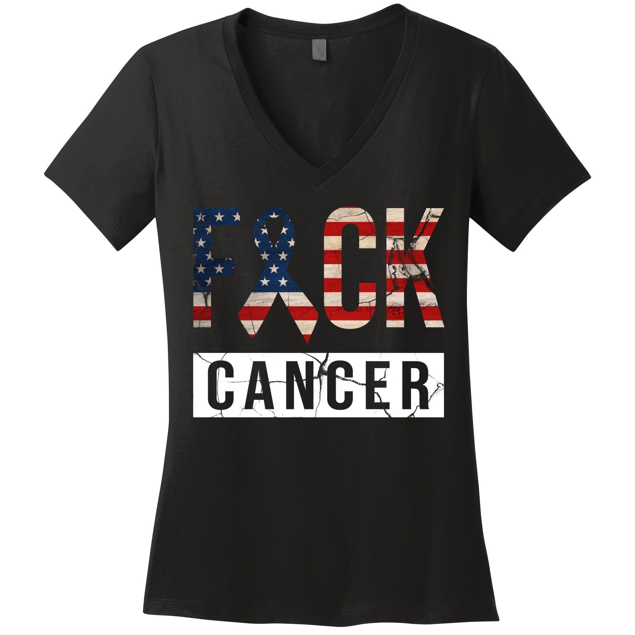 F*ck Cancer USA American Flag Ribbon Women's V-Neck T-Shirt