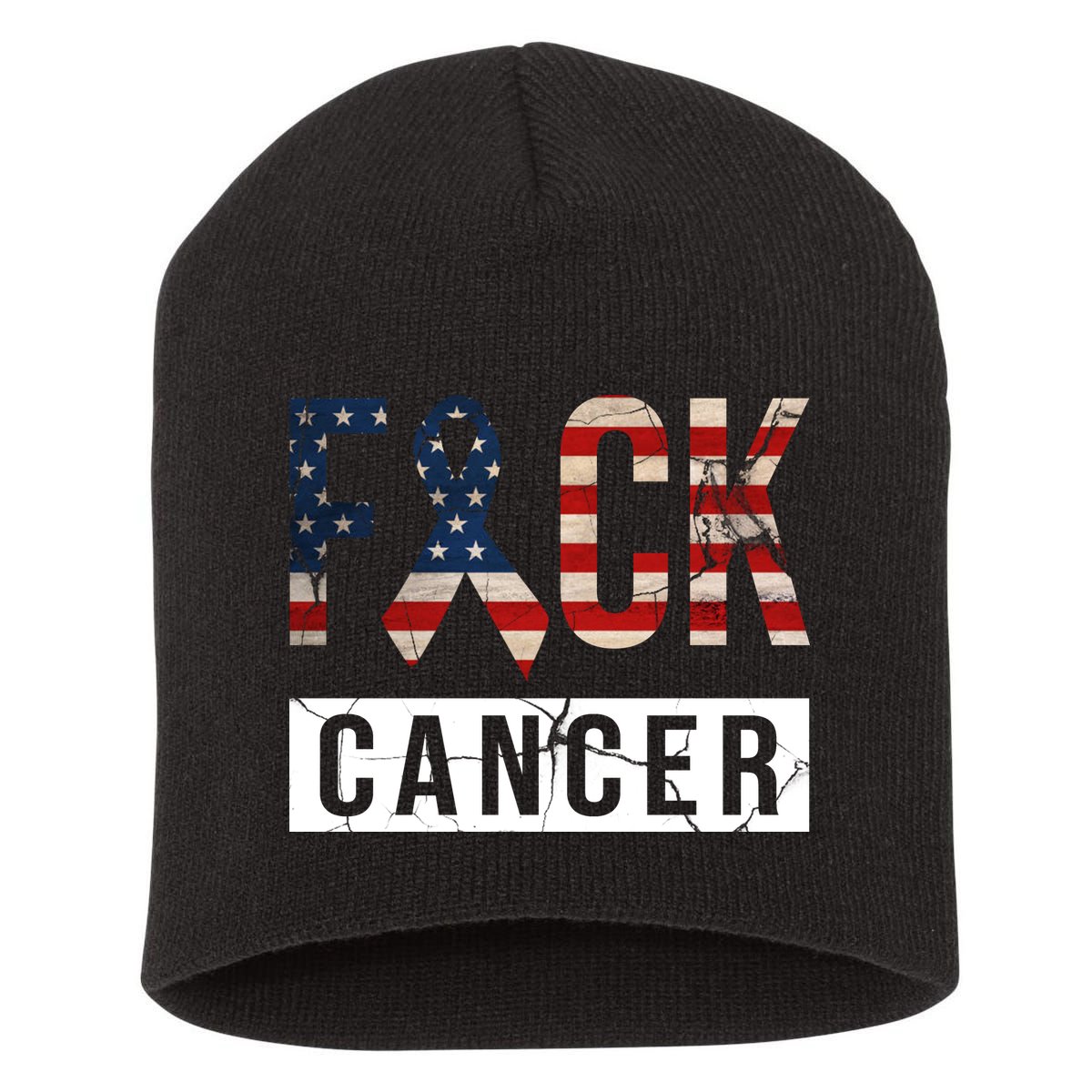 F*ck Cancer USA American Flag Ribbon Short Acrylic Beanie
