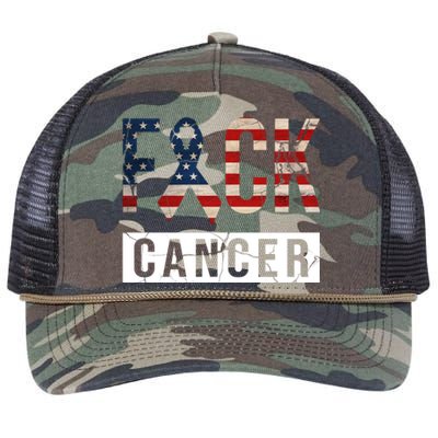 F*ck Cancer USA American Flag Ribbon Retro Rope Trucker Hat Cap