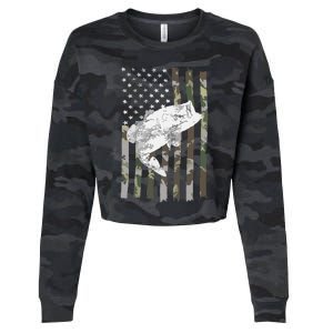 Fishing Camouflage US American Flag Bass Fish Fisherman Camo Cropped Pullover Crew