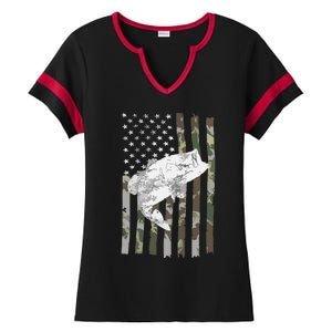 Fishing Camouflage US American Flag Bass Fish Fisherman Camo Ladies Halftime Notch Neck Tee