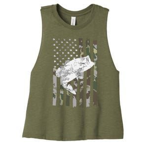 Fishing Camouflage US American Flag Bass Fish Fisherman Camo Women's Racerback Cropped Tank