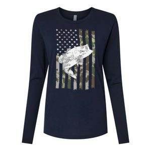 Fishing Camouflage US American Flag Bass Fish Fisherman Camo Womens Cotton Relaxed Long Sleeve T-Shirt