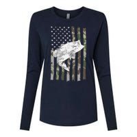 Fishing Camouflage US American Flag Bass Fish Fisherman Camo Womens Cotton Relaxed Long Sleeve T-Shirt