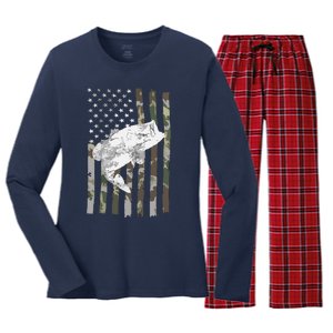 Fishing Camouflage US American Flag Bass Fish Fisherman Camo Women's Long Sleeve Flannel Pajama Set 