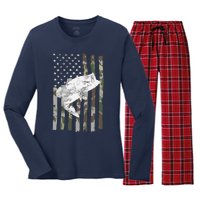 Fishing Camouflage US American Flag Bass Fish Fisherman Camo Women's Long Sleeve Flannel Pajama Set 