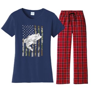 Fishing Camouflage US American Flag Bass Fish Fisherman Camo Women's Flannel Pajama Set