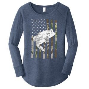 Fishing Camouflage US American Flag Bass Fish Fisherman Camo Women's Perfect Tri Tunic Long Sleeve Shirt