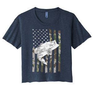 Fishing Camouflage US American Flag Bass Fish Fisherman Camo Women's Crop Top Tee