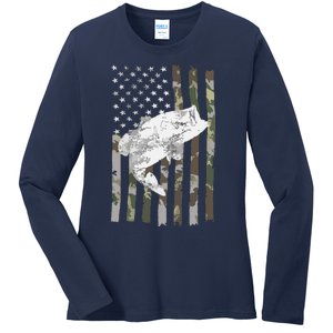 Fishing Camouflage US American Flag Bass Fish Fisherman Camo Ladies Long Sleeve Shirt