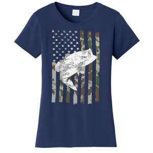 Fishing Camouflage US American Flag Bass Fish Fisherman Camo Women's T-Shirt