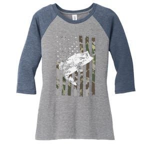 Fishing Camouflage US American Flag Bass Fish Fisherman Camo Women's Tri-Blend 3/4-Sleeve Raglan Shirt