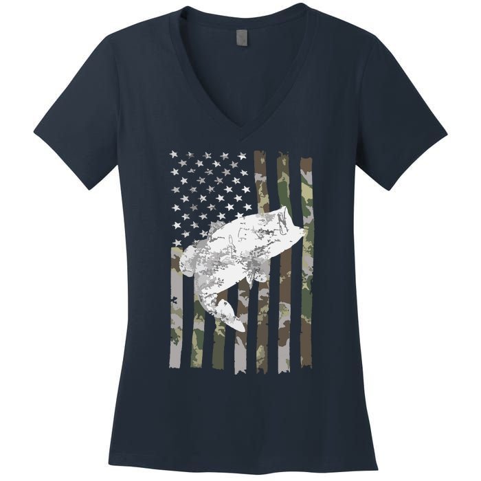 Fishing Camouflage US American Flag Bass Fish Fisherman Camo Women's V-Neck T-Shirt