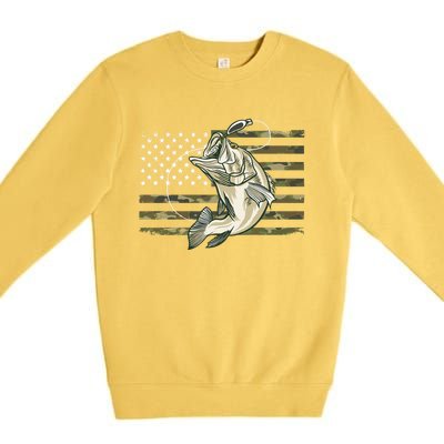 Fishing Camouflage Us American Flag Bass Fish Fisherman Camo Premium Crewneck Sweatshirt