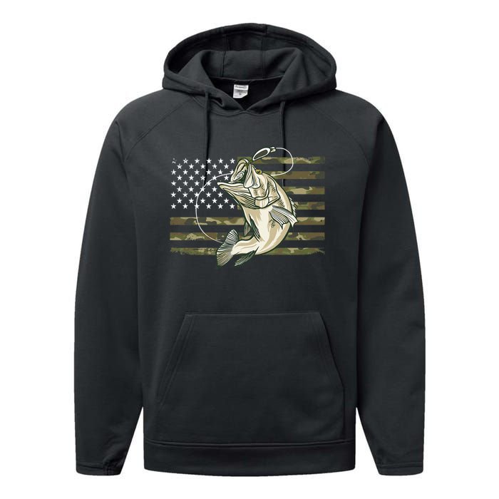 Fishing Camouflage Us American Flag Bass Fish Fisherman Camo Performance Fleece Hoodie