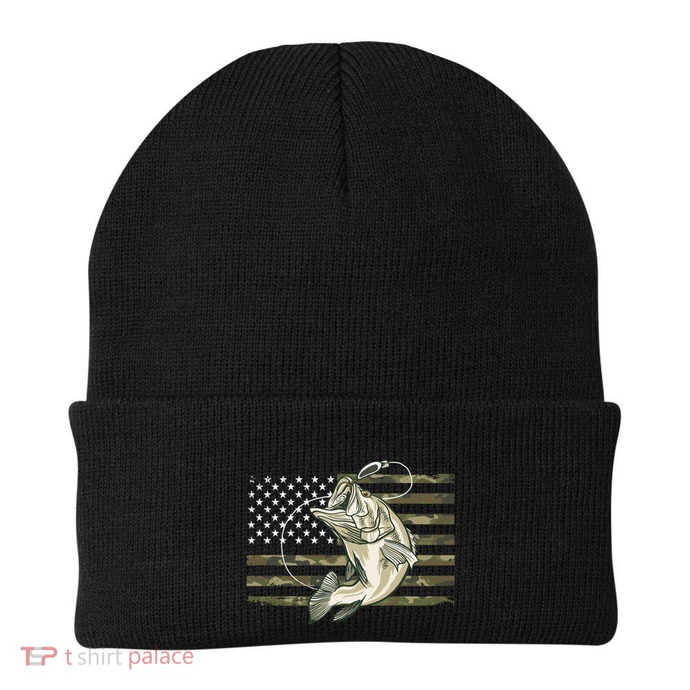 Fishing Camouflage Us American Flag Bass Fish Fisher Camo Gift Knit Cap Winter Beanie