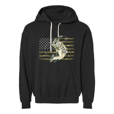 Fishing Camouflage US American Flag Bass Fish Fisherman Camo Garment-Dyed Fleece Hoodie