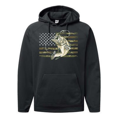 Fishing Camouflage US American Flag Bass Fish Fisherman Camo Performance Fleece Hoodie