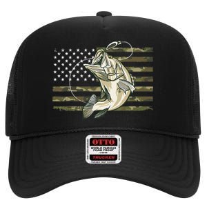 Fishing Camouflage US American Flag Bass Fish Fisherman Camo High Crown Mesh Back Trucker Hat