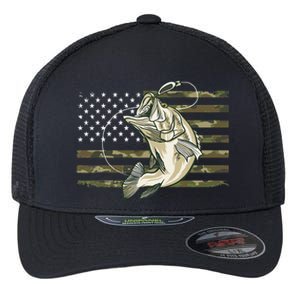 Fishing Camouflage US American Flag Bass Fish Fisherman Camo Flexfit Unipanel Trucker Cap