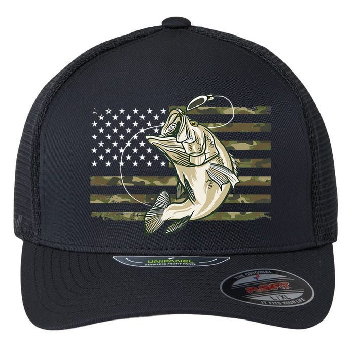 Fishing Camouflage US American Flag Bass Fish Fisherman Camo Flexfit Unipanel Trucker Cap