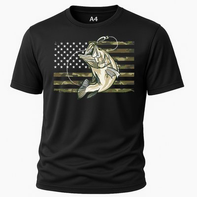 Fishing Camouflage US American Flag Bass Fish Fisherman Camo Cooling Performance Crew T-Shirt