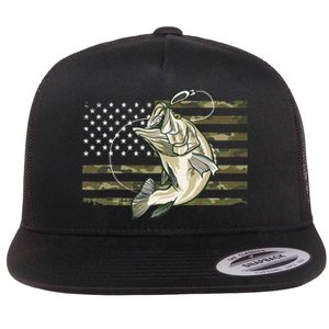 Fishing Camouflage US American Flag Bass Fish Fisherman Camo Flat Bill Trucker Hat