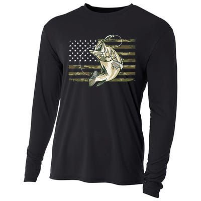 Fishing Camouflage US American Flag Bass Fish Fisherman Camo Cooling Performance Long Sleeve Crew