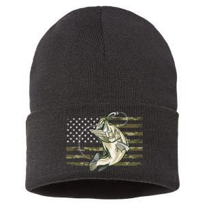 Fishing Camouflage US American Flag Bass Fish Fisherman Camo Sustainable Knit Beanie